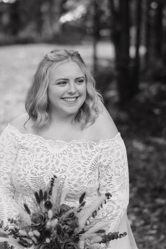 Black and white photo of bride