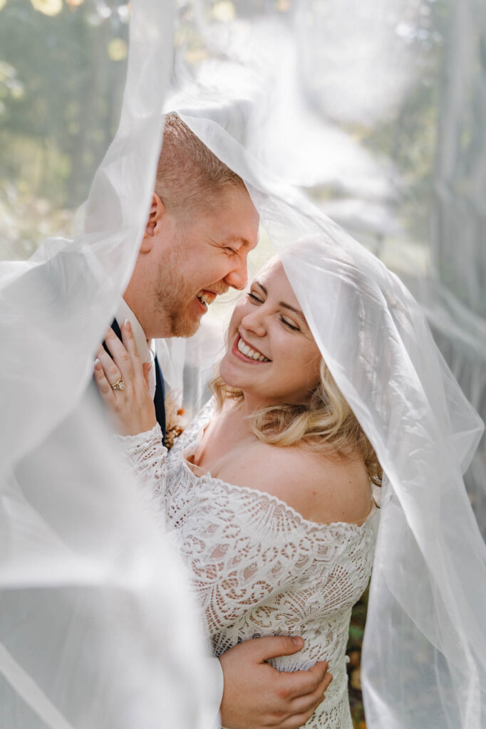 Bride and groom under veil